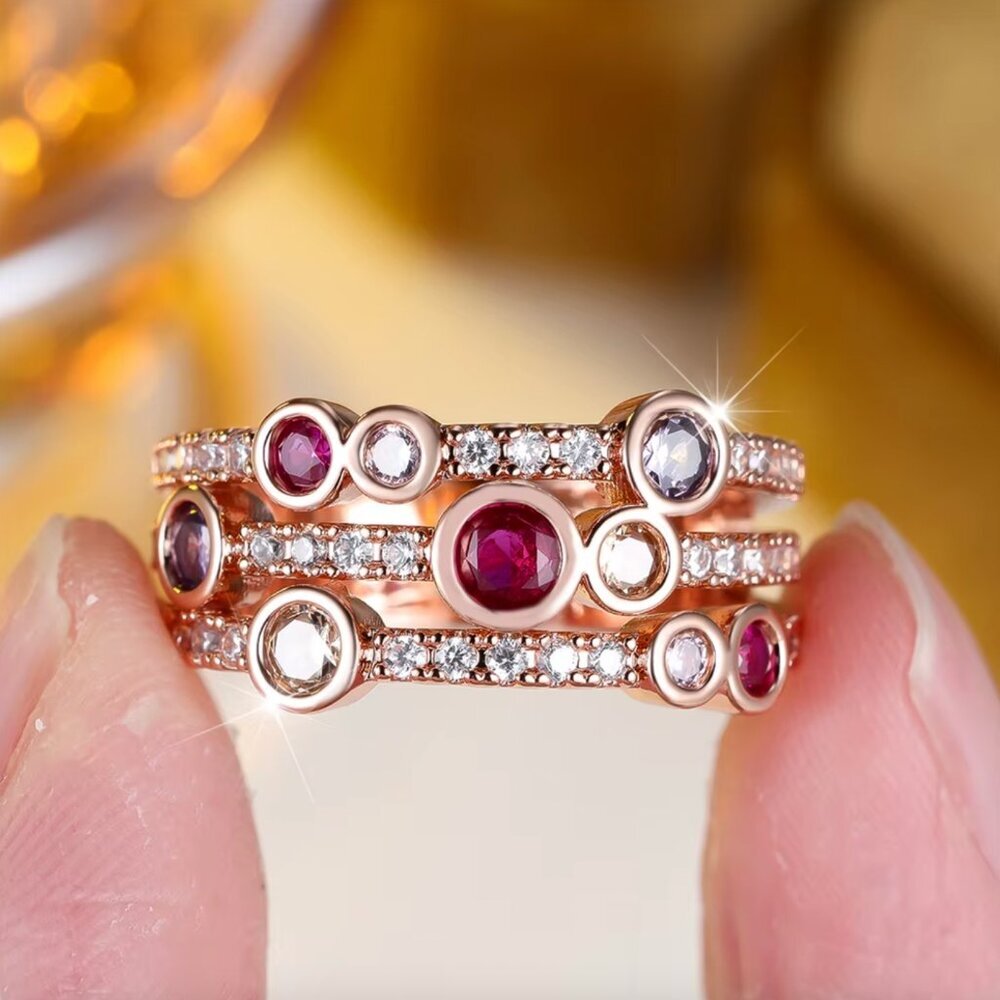 NEW 18k Rose Gold Ruby Amethyst Sapphire Diamond Ring Band
